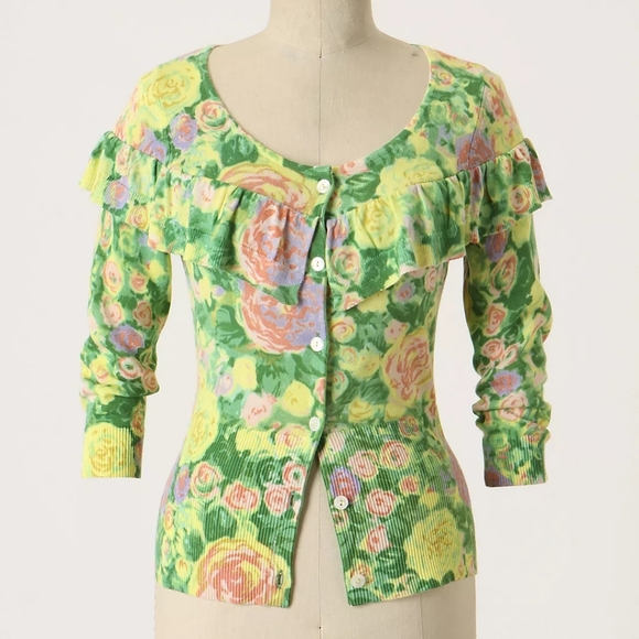 Anthropologie Floral Ruffle Cardigan Sweater Little Yellow Bird - Picture 2 of 8